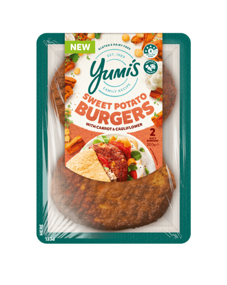 Packaged sweet potato burgers with carrot and cauliflower, gluten and dairy-free, 200g, Yumi's.