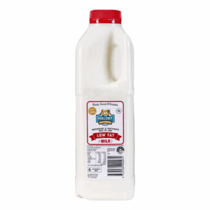 One-liter low-fat milk bottle with red cap, cow label, brand name, nutritional info.