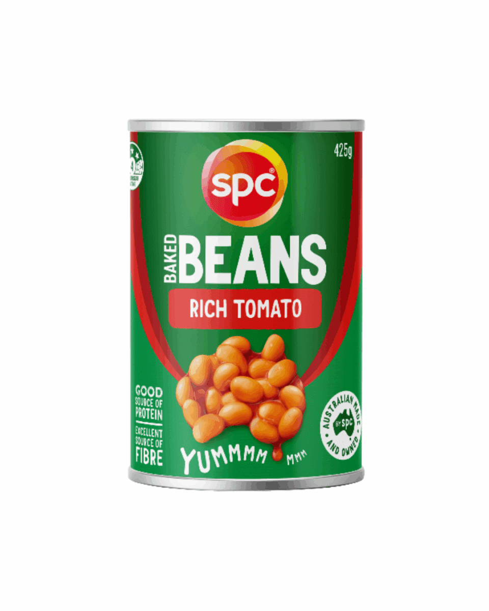 SPC Baked Beans Rich Tomato flavor can, green label, 425g, protein, fiber, Australian made.