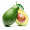 Whole avocado with half, pit visible, dark green skin, leaf attached, white background.