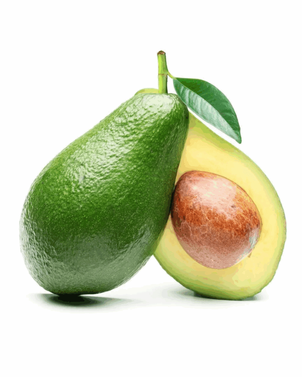 Whole avocado with half, pit visible, dark green skin, leaf attached, white background.
