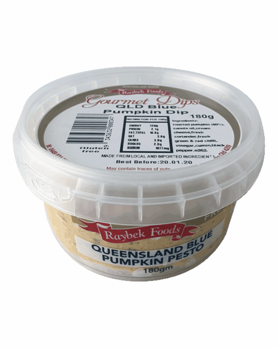 Tub of Raybek Foods Queensland Blue Pumpkin Pesto, 180g, gluten-free, expiring 01/20/2020.