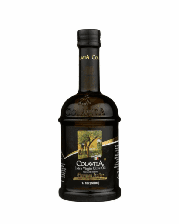 Dark green Colavita Extra Virgin Olive Oil bottle, 1L, certified authentic, cholesterol-free.