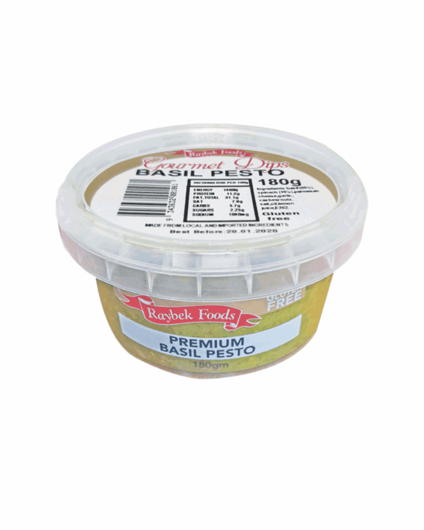 180g container of Raybek Foods Basil Pesto, gluten-free, Australian made, store below 4°C.