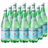 Twelve 1-liter green S. Pellegrino sparkling water bottles in rows with red star logos.