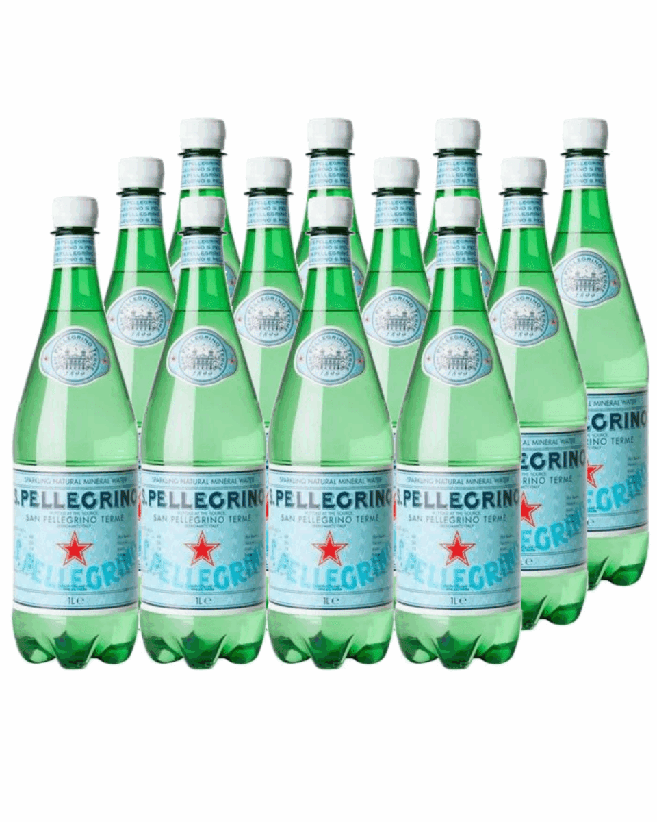 Twelve 1-liter green S. Pellegrino sparkling water bottles in rows with red star logos.