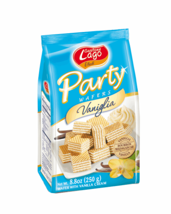 Blue package of Gastone Lago Elledi Party Wafers, Vaniglia flavor, 250g with vanilla imagery.