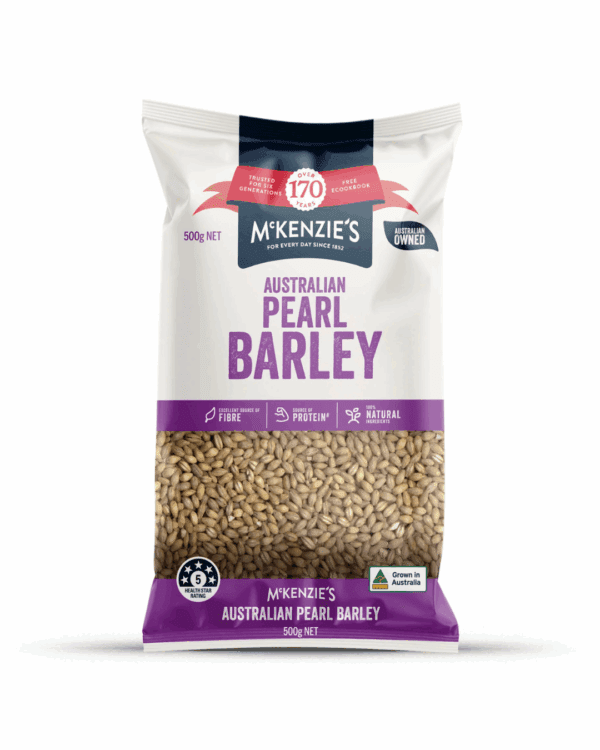 McKenzie's Pearl Barley package, purple, 500g, with visible grains and quality checkmark.