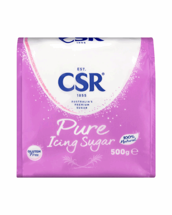 CSR Pure Icing Sugar 500g package, pink and blue, cake illustration, gluten-free label.