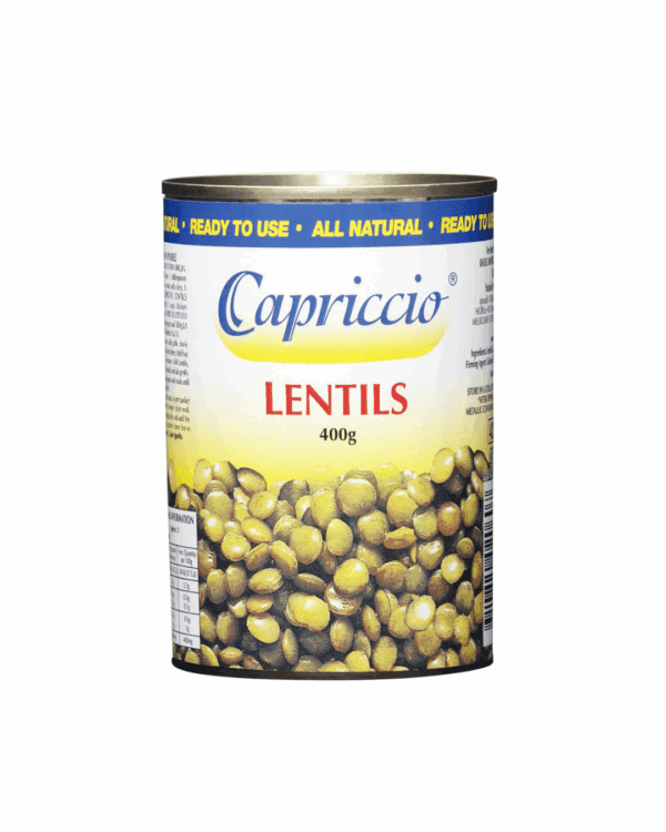 Capriccio lentils can, all-natural, 400g, with lentil image on lower design.