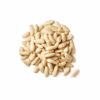 Pile of smooth, pale cream pine nuts on a white background.