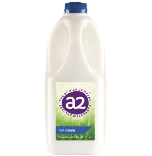 2-liter a2 Milk Company full cream milk bottle with a blue cap and green-white label.