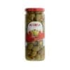 Tall jar of ACORSA green stuffed olives with red lid and illustrated label.