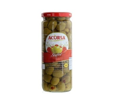 Tall jar of ACORSA green stuffed olives with red lid and illustrated label.