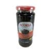 Jar of 340g Acorsa pitted black olives with red and white label and metal lid.