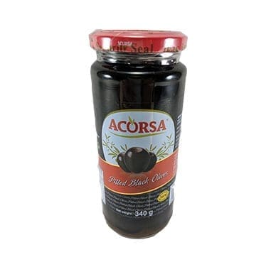 Jar of 340g Acorsa pitted black olives with red and white label and metal lid.