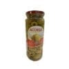 Jar of Acorsa pitted green olives with red and white label and sealed lid.