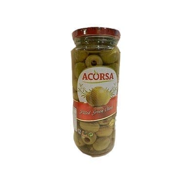Jar of Acorsa pitted green olives with red and white label and sealed lid.