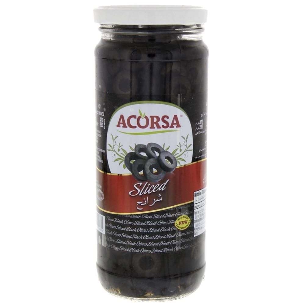Jar of Acorsa sliced black olives with a white lid and label showing olives.
