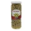 Glass jar of Acorsa sliced green olives with red label and white lid.