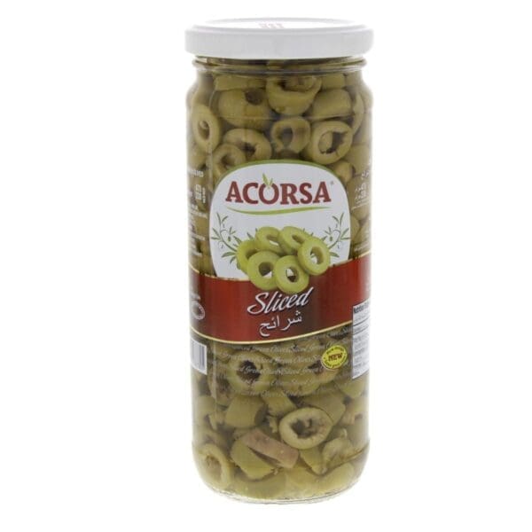 Glass jar of Acorsa sliced green olives with red label and white lid.