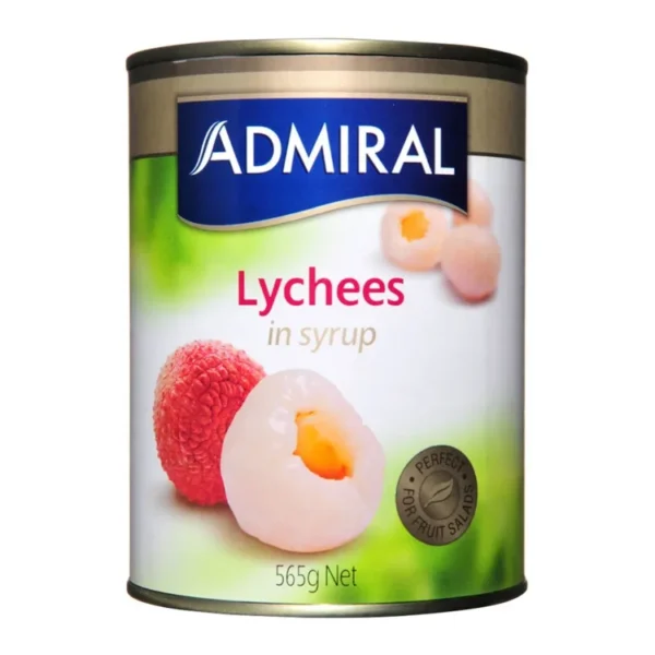 Can of Admiral lychees in syrup, 565g net, with fruit salad suggestion on the label.