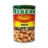 Aegean white borlotti beans can with colorful label, beans illustration, quality noted.