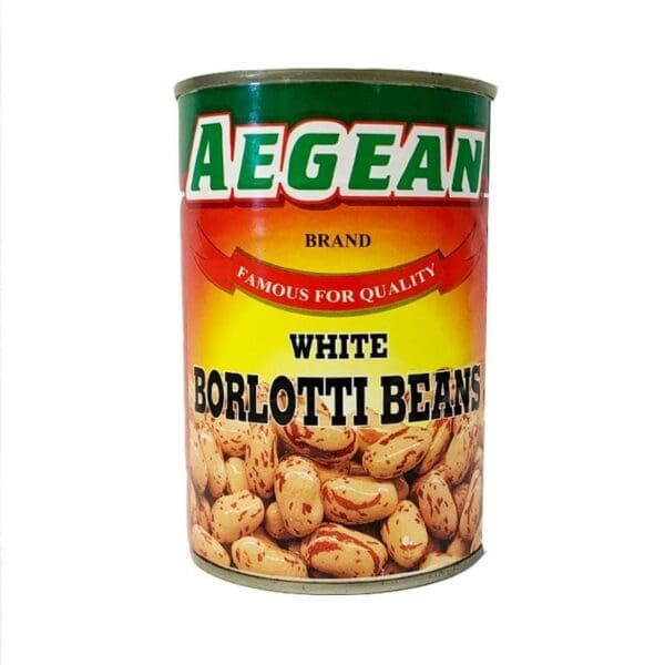 Aegean white borlotti beans can with colorful label, beans illustration, quality noted.