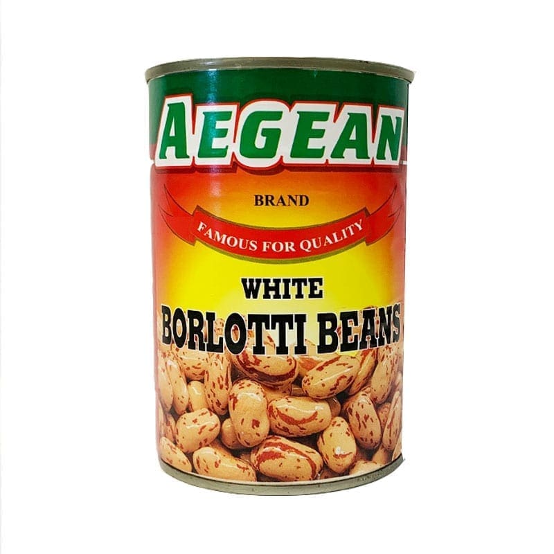 Aegean white borlotti beans can with colorful label, beans illustration, quality noted.
