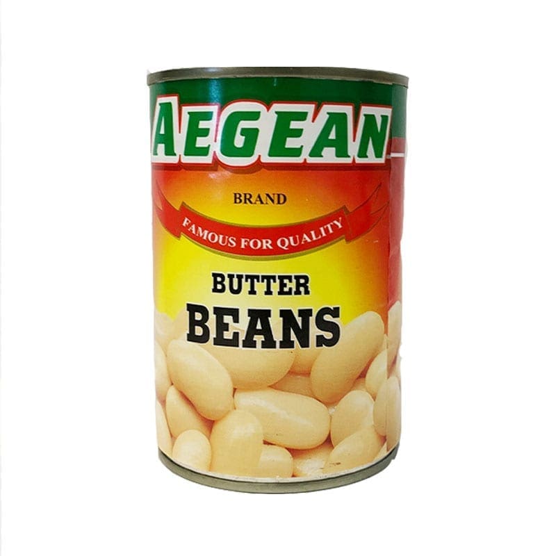 Aegean brand can of butter beans with green and yellow label, "famous for quality."