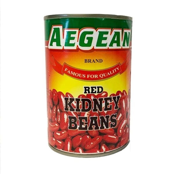Aegean canned red kidney beans with colorful label featuring beans illustration.