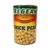 Aegean brand chickpeas can with "Famous for Quality" on red-yellow gradient label.