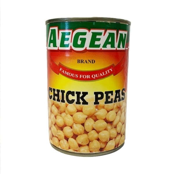 Aegean brand chickpeas can with "Famous for Quality" on red-yellow gradient label.