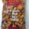 Aegean Fiesta Nut Mix package, 500g, red label, Australian-owned, assorted nuts and fruits.