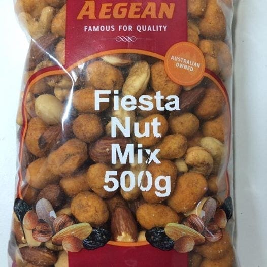 Aegean Fiesta Nut Mix package, 500g, red label, Australian-owned, assorted nuts and fruits.