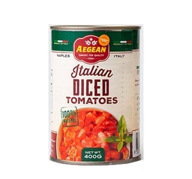 Can of 400g Aegean Italian diced tomatoes with basil, red and green label.