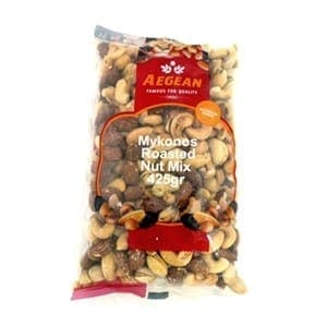 Aegean Mykonos Roasted Nut Mix 425g package with visible mixed nuts inside.