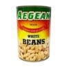 Can of Aegean Brand white beans on a yellow-orange gradient background.