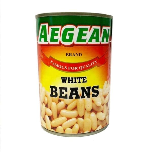 Can of Aegean Brand white beans on a yellow-orange gradient background.