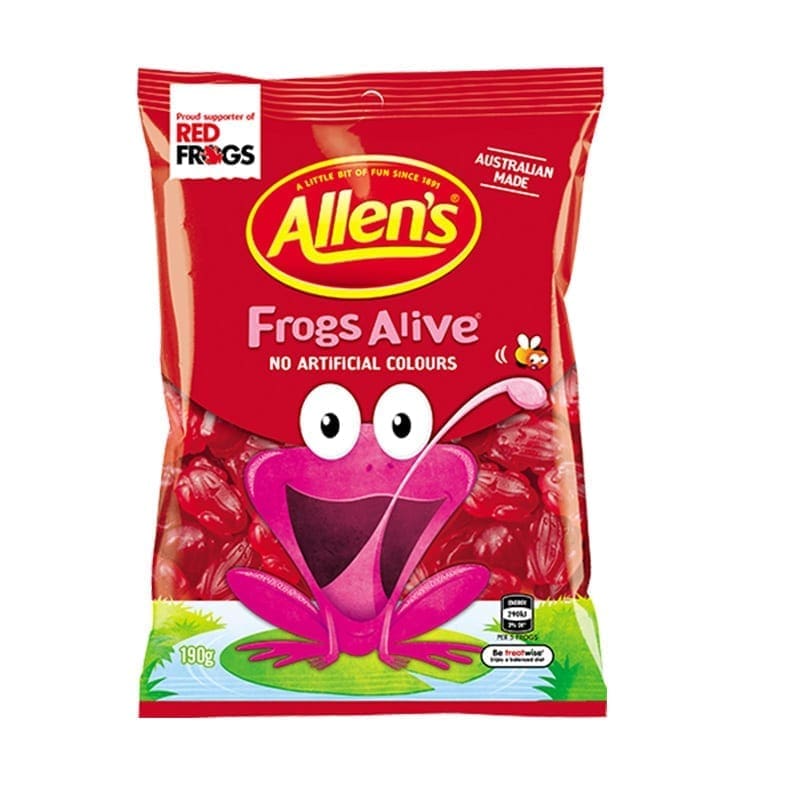 Allen's Frogs Alive gummy candies pack with red frog shapes, 190g, no artificial colors.