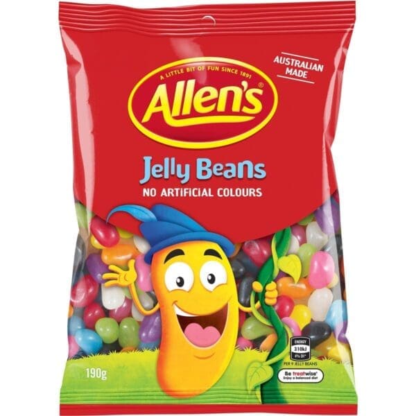 Allen's Jelly Beans package, 190g, cartoon character, no artificial colors, Australian-made.