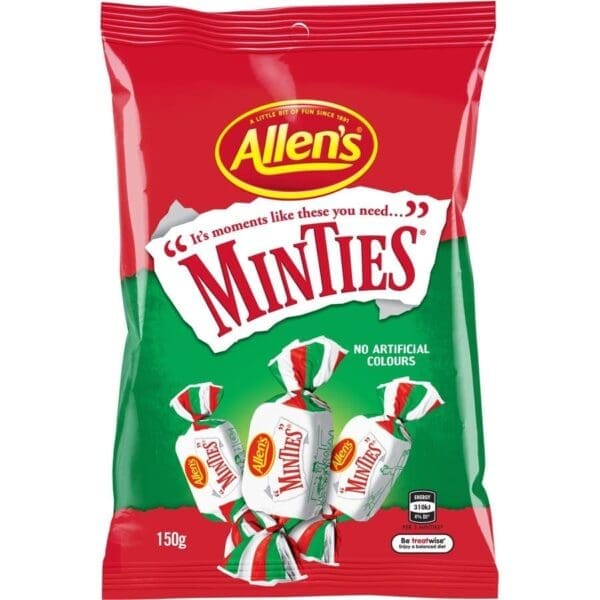 Allen's Minties red/green bag with 150g mint sweets, "No Artificial Colours," nutritional info.