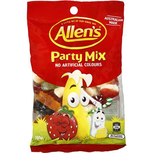 Allen's Party Mix candy bag, 190g, colorful fruit characters, no artificial colors, Australian.