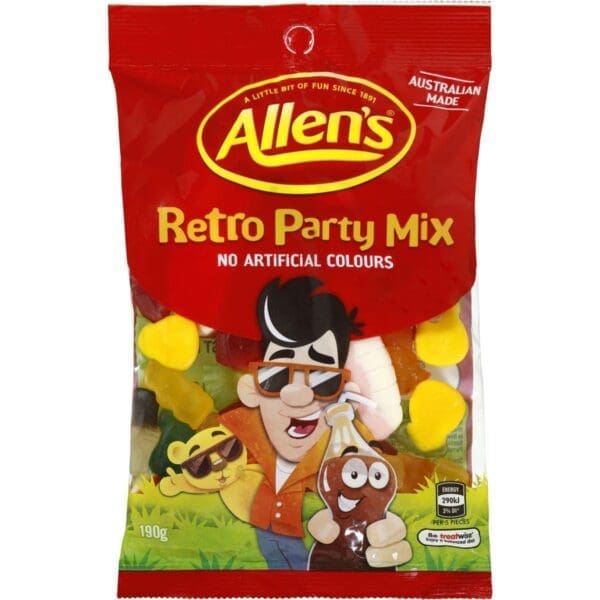 Allen's Retro Party Mix candy package, red with fun cartoon, 190g, Australian made.
