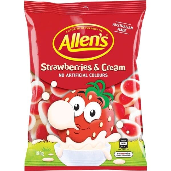 Allen's Strawberries & Cream candy package, red, smiling strawberry, 190g, Australian made.