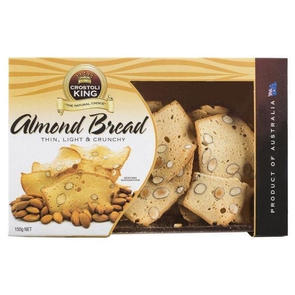 Box of almond bread by Crostoli King, thin, light, crunchy, product of Australia.
