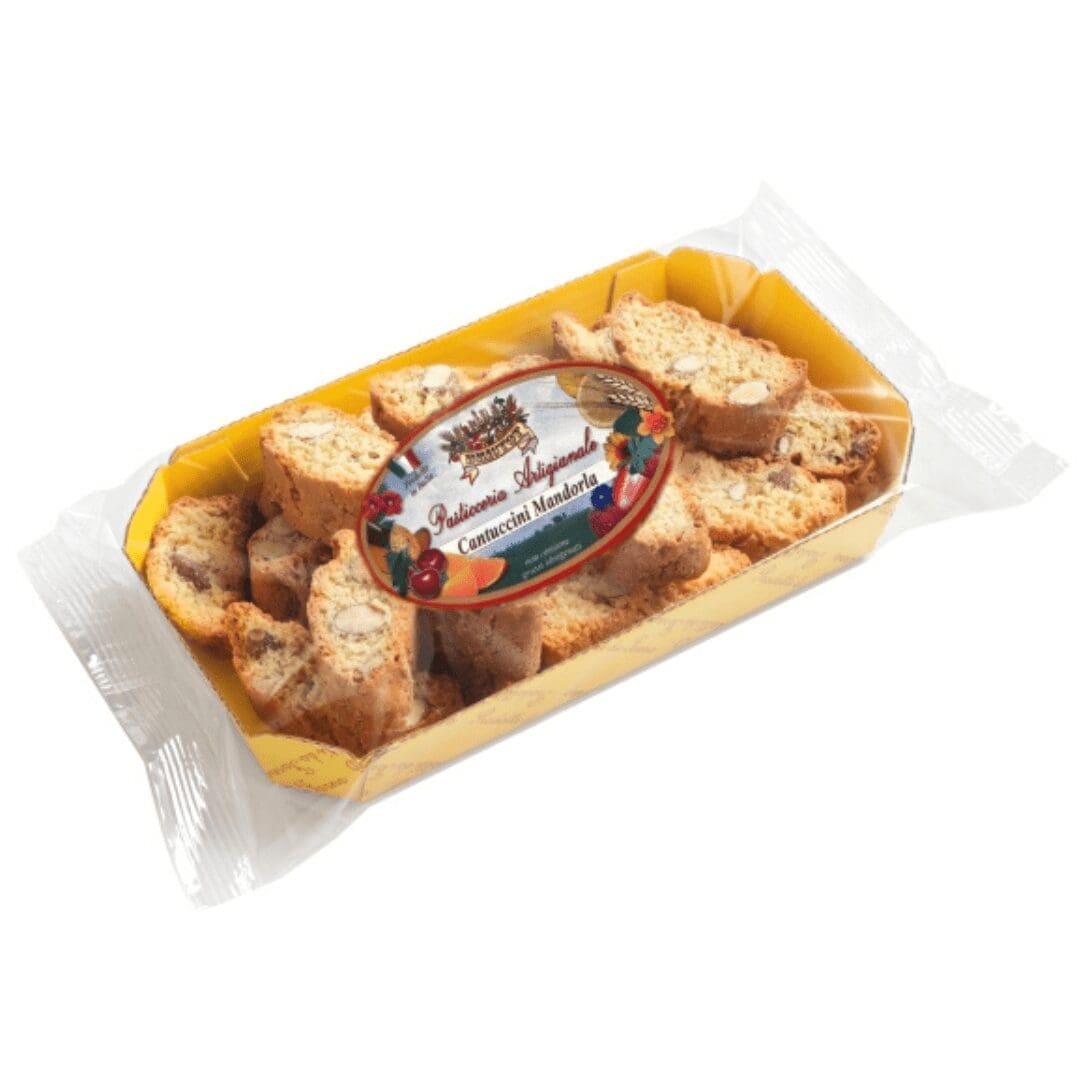 Package of almond cantucci cookies in clear plastic with a colorful fruit-decorated label.