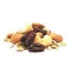 Close-up of almonds, cashews, sunflower and pumpkin seeds, and raisins on white background.