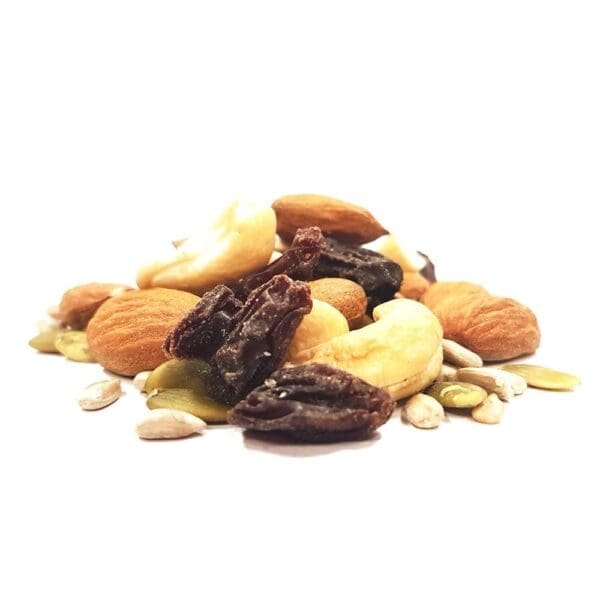 Close-up of almonds, cashews, sunflower and pumpkin seeds, and raisins on white background.