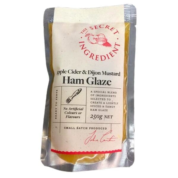 Apple cider and Dijon mustard ham glaze, 250g, no artificial colors or flavors, small batch.